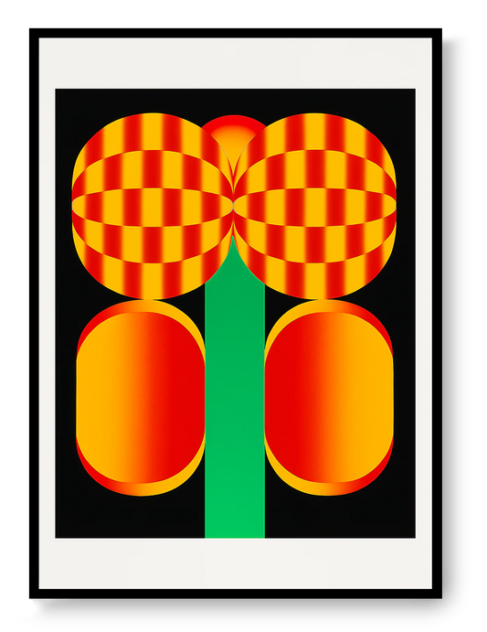 Popping Flower screenprint by PTRVRKD featuring bold geometric flower forms with red, yellow, and green stripes on a black background, limited edition graphic wall art.