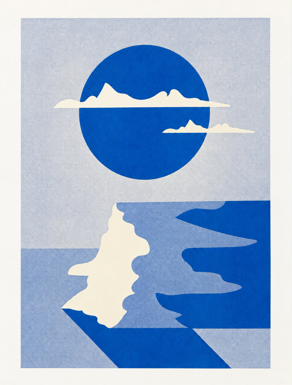 Vertical risograph art print by PTRVRKD featuring an abstract coastal cliff landscape, a large cobalt blue circle, cream mountain silhouettes and winding blue water. Minimalist geometric wall art in textured blue tones.