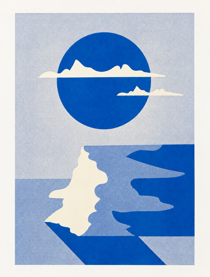 Vertical risograph art print by PTRVRKD featuring an abstract coastal cliff landscape, a large cobalt blue circle, cream mountain silhouettes and winding blue water. Minimalist geometric wall art in textured blue tones.
