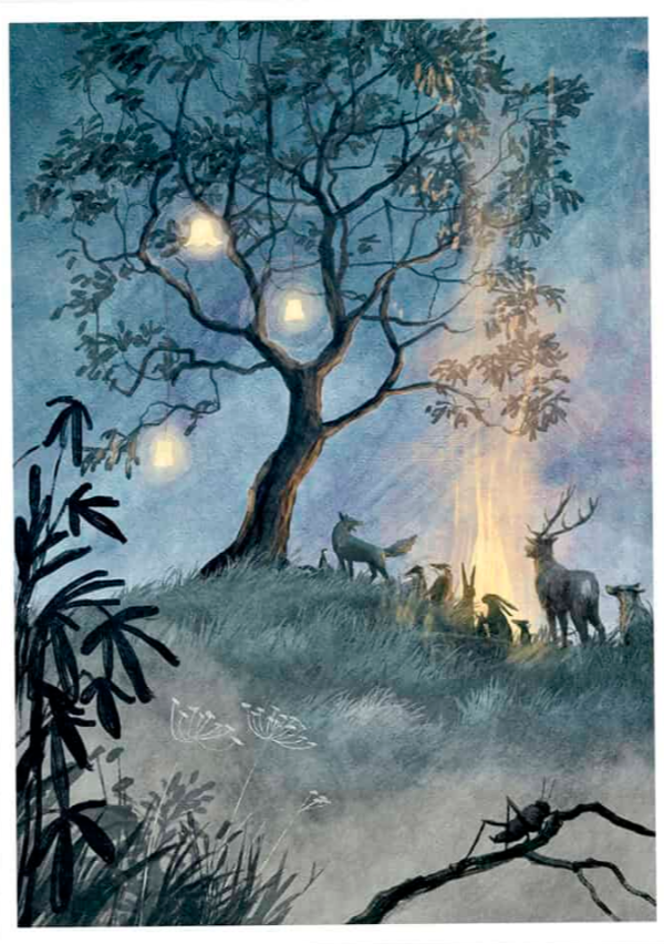 Dreamlike digital art print Boom by Belgian illustrator Stien van Kerckhoven, showing forest animals gathered around a glowing fire under a tree with lanterns — a magical night scene evoking peace, warmth, and wonder. Perfect wall art for cozy, nature-inspired interiors.