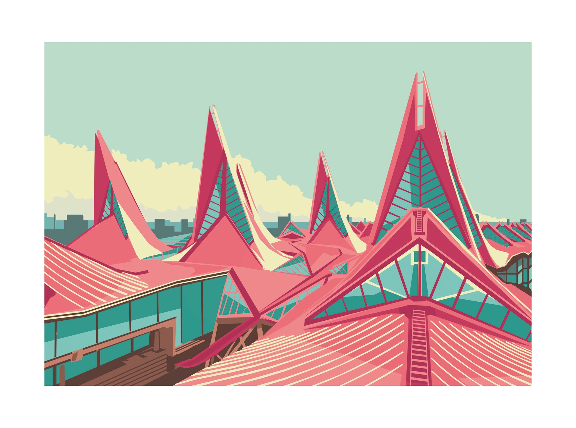 Vlinderpaleis Antwerp courthouse illustration by Gert Paenen featuring the iconic modern architecture of the Antwerp Justice Palace in bold geometric colors, 30x40 cm digital art print.