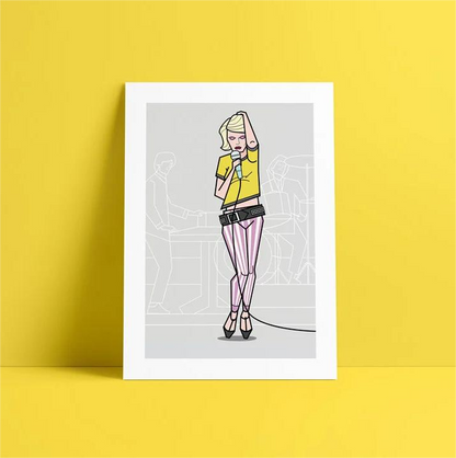 Illustration of a stylish punk singer in pastel striped pants and a yellow crop top, holding a microphone with confident attitude, created by Floor 4 Productions. Modern geometric line style with subtle band figures in the background. Limited edition art print available in A4 or A3, four-color print on matte 300g textured paper, perfect for music lovers and contemporary art collectors.