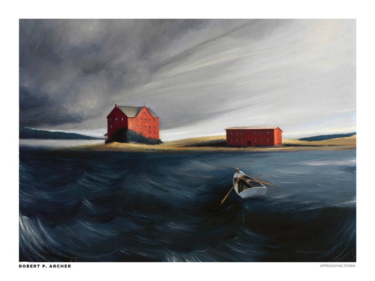 Approaching Storm by Robert P. Archer, horizontal coastal scene with a lone rower on dark blue water, red buildings and a grey storm sky; digital print for living room or study wall decor.