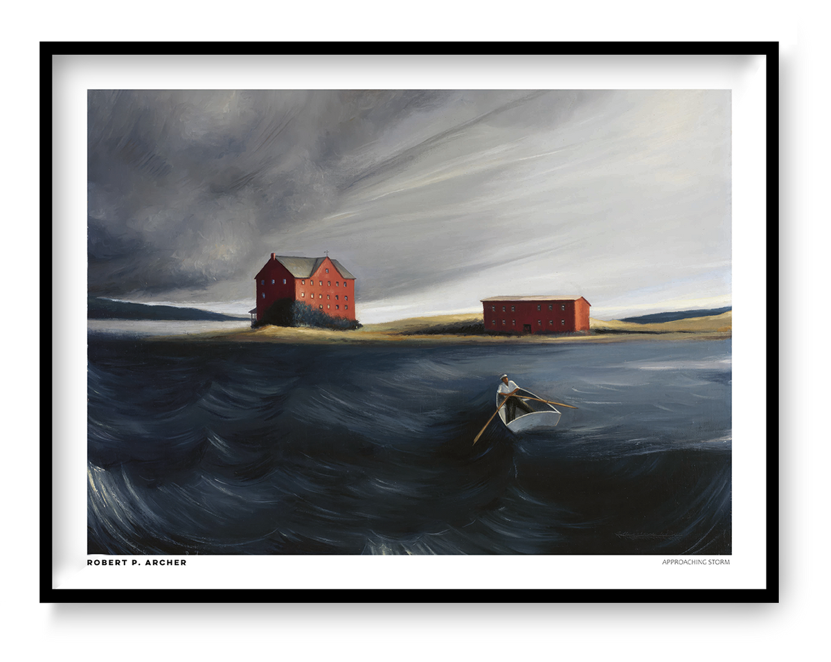 Approaching Storm by Robert P. Archer, horizontal coastal scene with a lone rower on dark blue water, red buildings and a grey storm sky; digital print for living room or study wall decor.