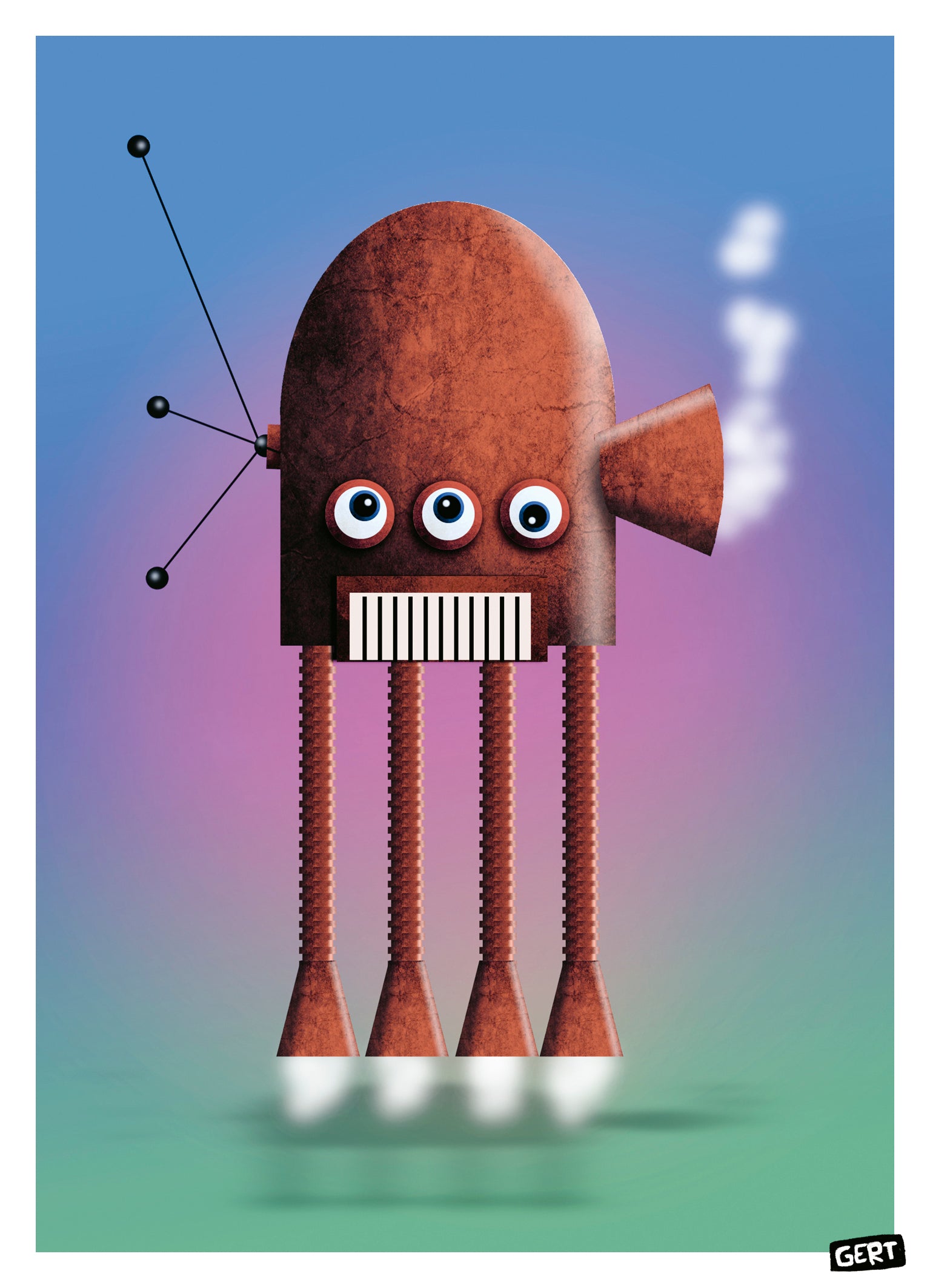 Robot 2 by Gert Paenen digital art print featuring a whimsical flying robot with three eyes, rocket legs, and a textured metallic body against a colorful gradient background. Contemporary sci-fi wall art for modern interiors and creative spaces.