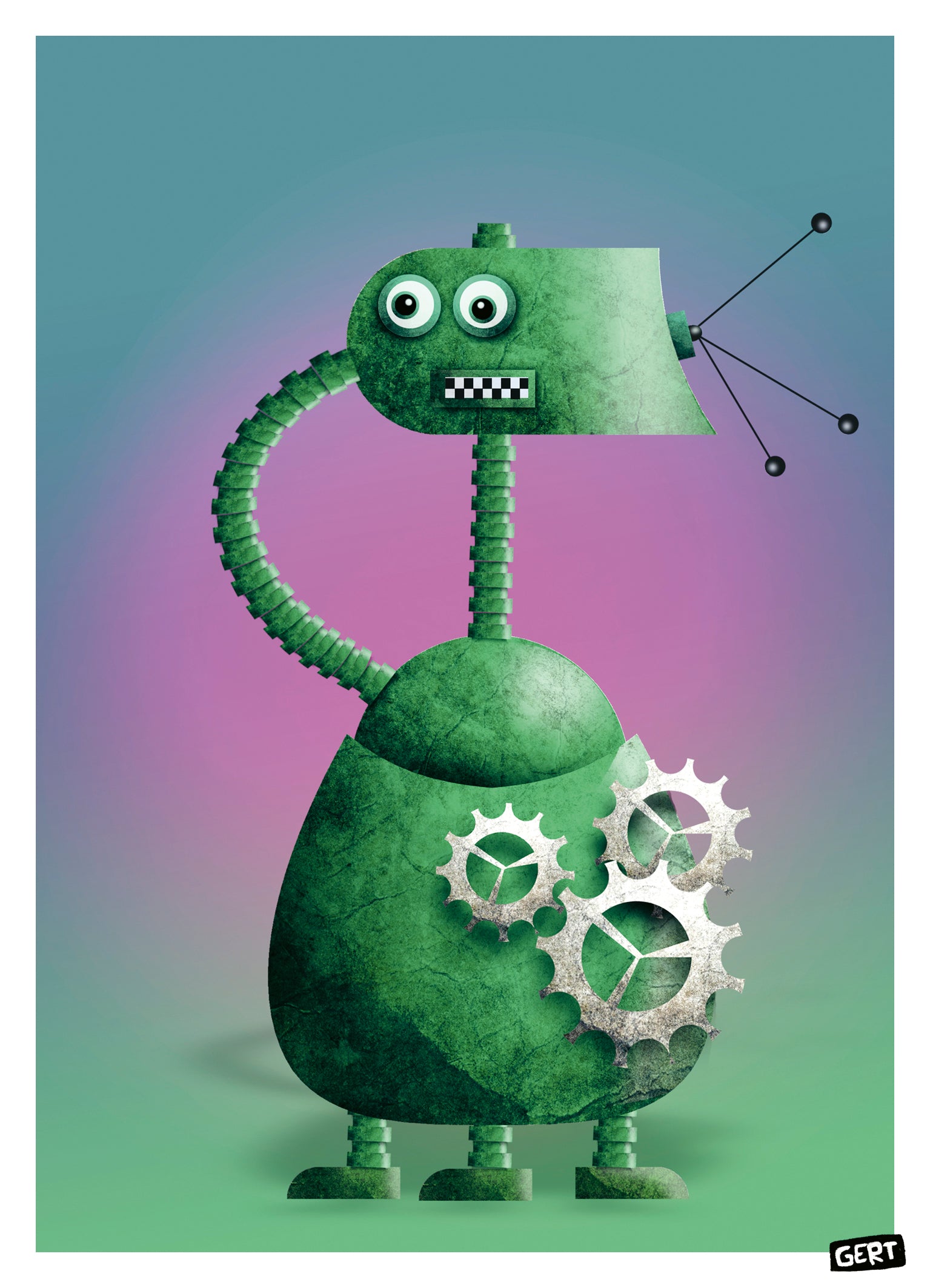 Robot 3 by Gert Paenen, green retro robot art print with exposed mechanical gears, geometric shapes and playful character design on a colorful gradient background, contemporary digital illustration for modern home decor and creative interiors.