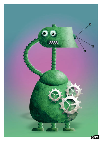Robot 3 by Gert Paenen, green retro robot art print with exposed mechanical gears, geometric shapes and playful character design on a colorful gradient background, contemporary digital illustration for modern home decor and creative interiors.