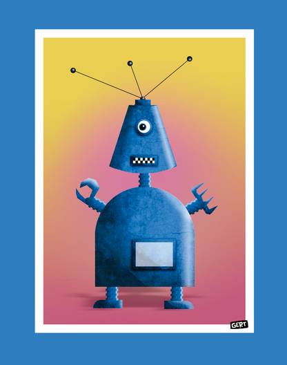 Robot 1 art print by Gert Paenen featuring a blue retro robot character on a vibrant yellow and pink background, contemporary illustration print for modern wall decor, creative workspace art, and playful home decoration.