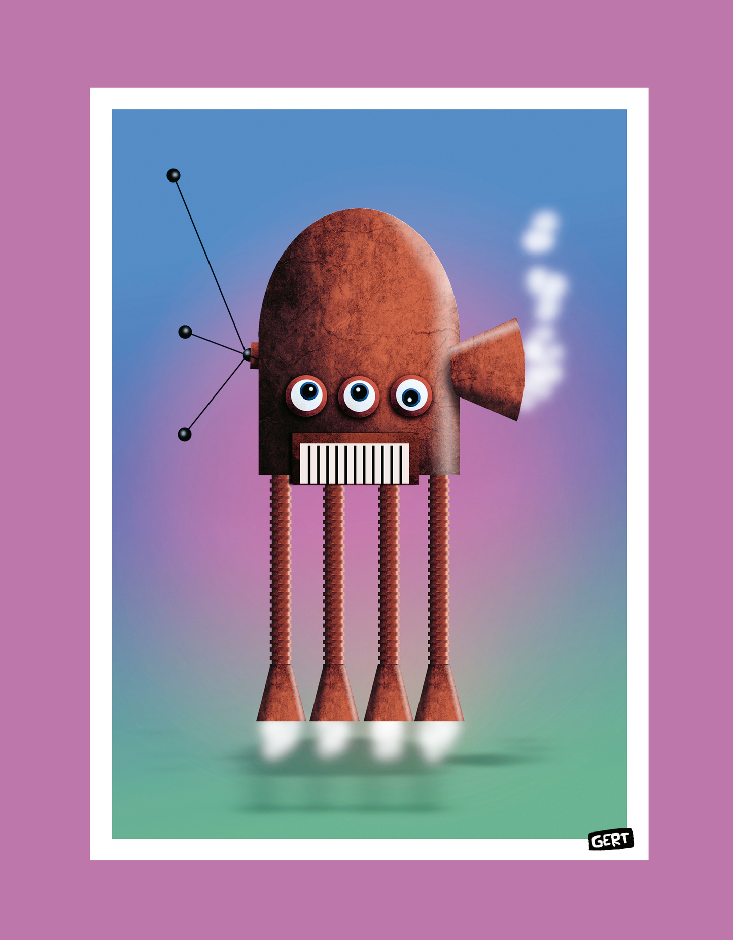 Robot 2 by Gert Paenen digital art print featuring a whimsical flying robot with three eyes, rocket legs, and a textured metallic body against a colorful gradient background. Contemporary sci-fi wall art for modern interiors and creative spaces.