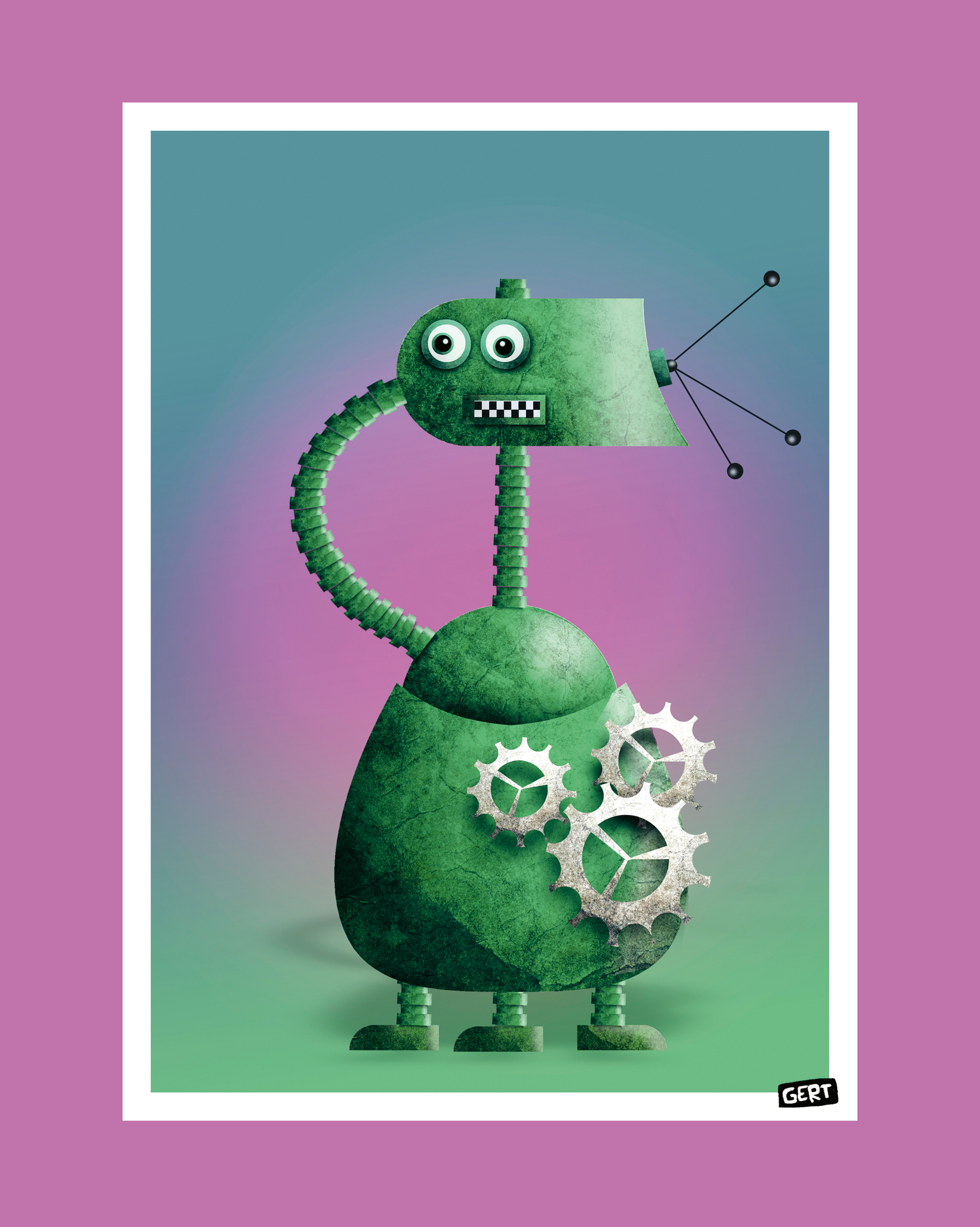 Robot 3 by Gert Paenen, green retro robot art print with exposed mechanical gears, geometric shapes and playful character design on a colorful gradient background, contemporary digital illustration for modern home decor and creative interiors.