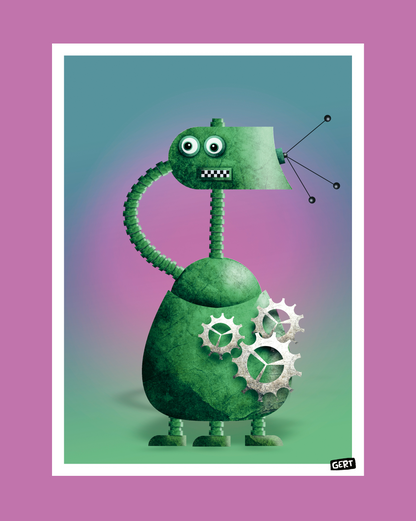 Robot 3 by Gert Paenen, green retro robot art print with exposed mechanical gears, geometric shapes and playful character design on a colorful gradient background, contemporary digital illustration for modern home decor and creative interiors.