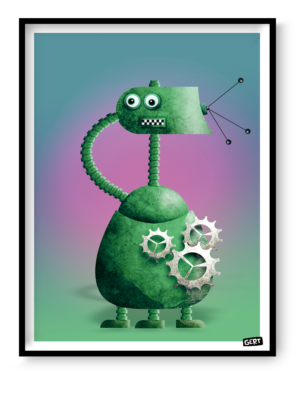 Robot 3 by Gert Paenen, green retro robot art print with exposed mechanical gears, geometric shapes and playful character design on a colorful gradient background, contemporary digital illustration for modern home decor and creative interiors.