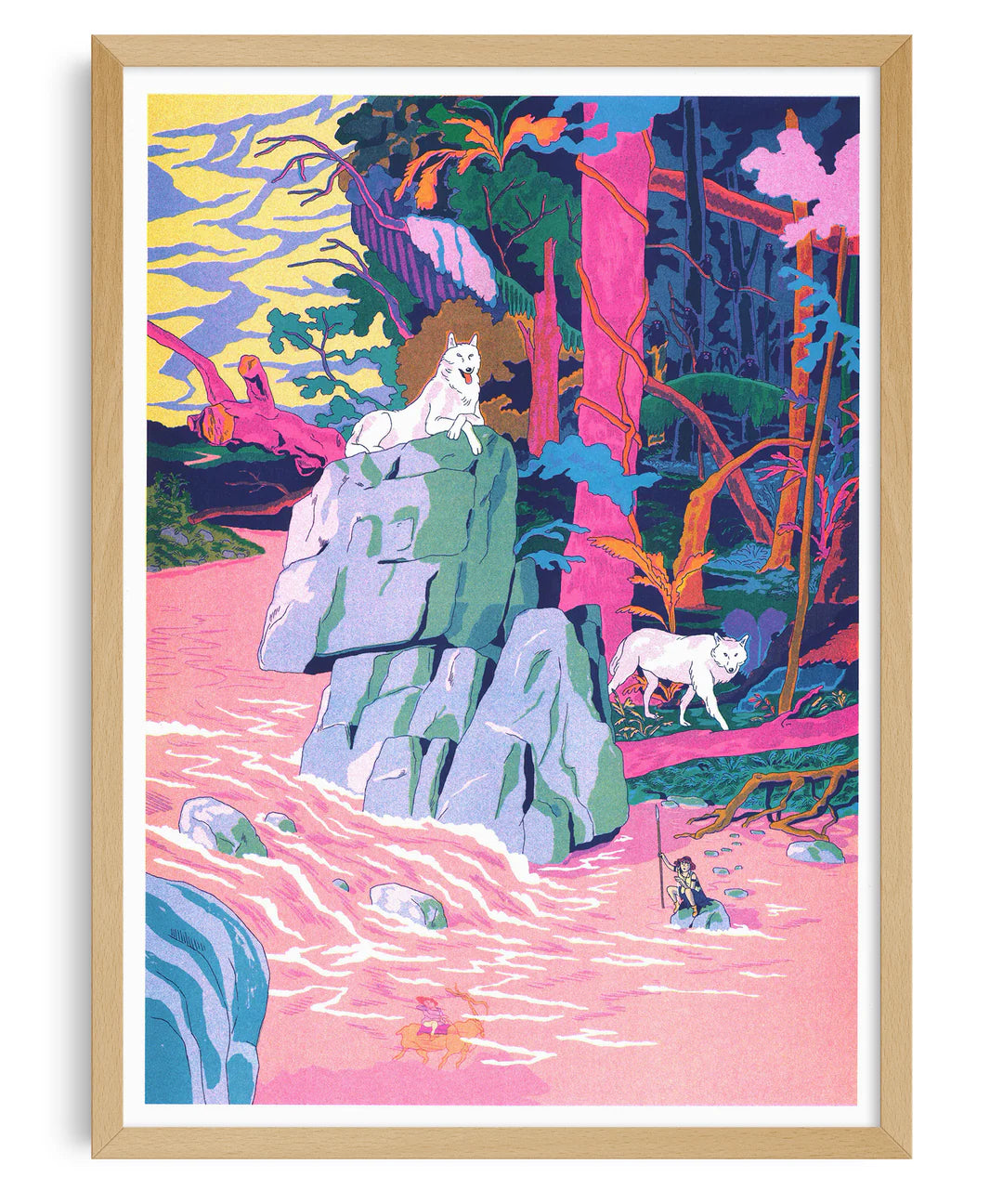 Art print inspired by "Princess Mononoke", featuring a vibrant fantasy landscape with white wolves on rocky cliffs, a pink flowing river, and a lush enchanted forest. A modern, magical artwork perfect for anime fans, pop art collectors, and imaginative interior decor.