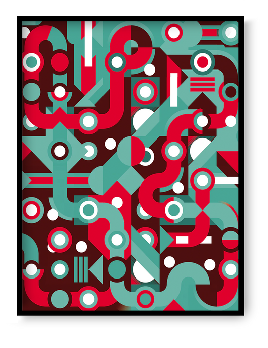 Route 07 by Gert Paenen, abstract geometric art print with bold red and teal forms, rhythmic shapes, and modern graphic composition for contemporary wall decor.