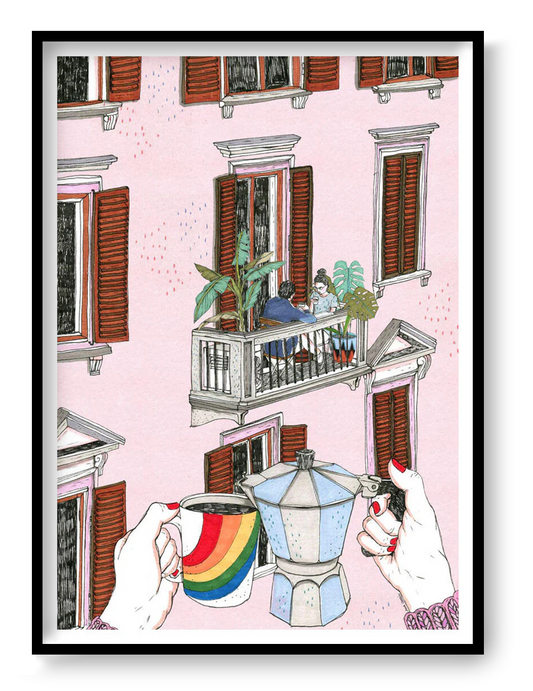 Colorful balcony lifestyle illustration showing two people sharing coffee in a European apartment building, with rainbow mug and moka pot in foreground, cozy urban wall art print by Ana Jarén