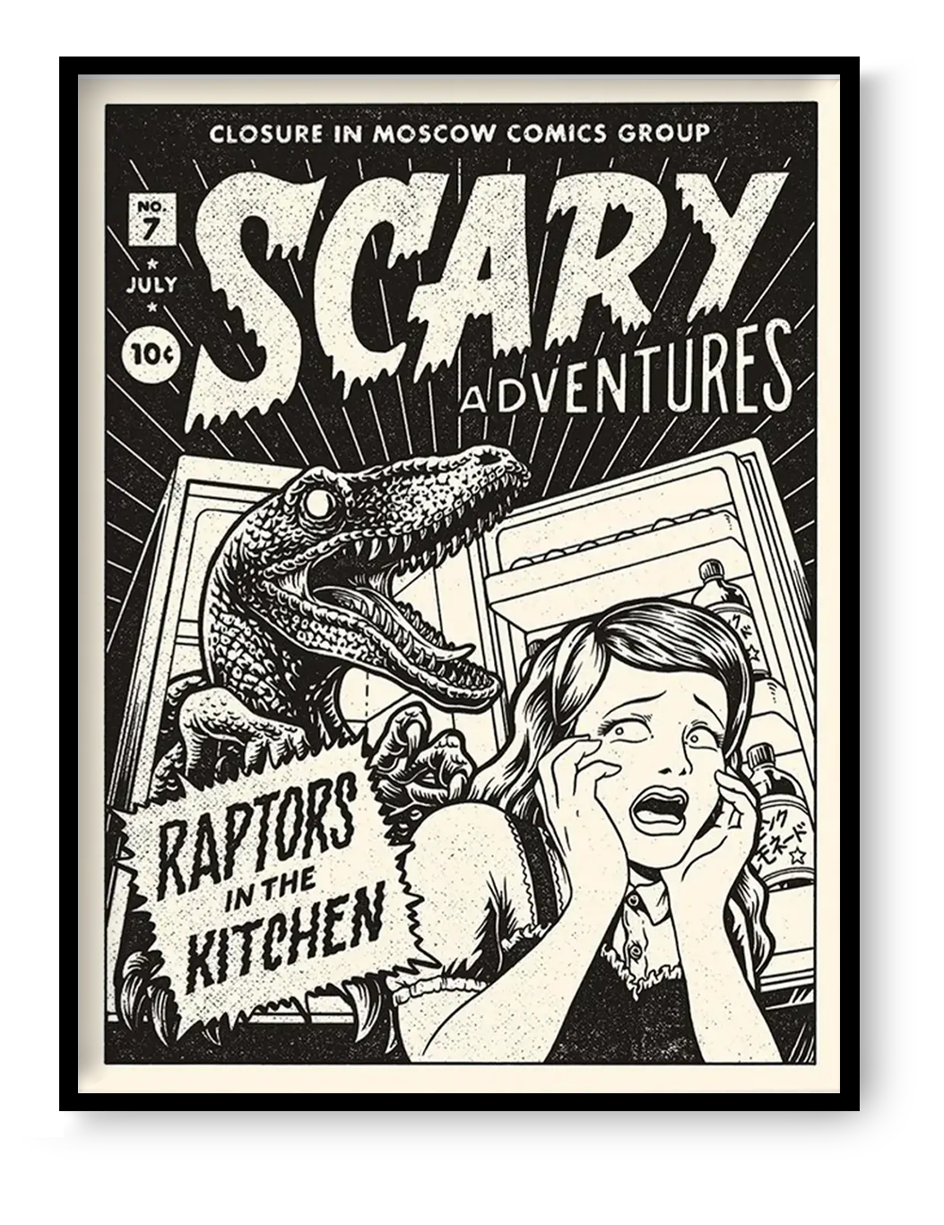 Raptors in the Kitchen by Yeaaah! Studio, 30 x 40 cm black and white retro comic-style art print featuring a screaming woman in front of an open fridge and a dinosaur emerging behind her, inspired by vintage horror comics and originally created for the Australian band Closure in Moscow