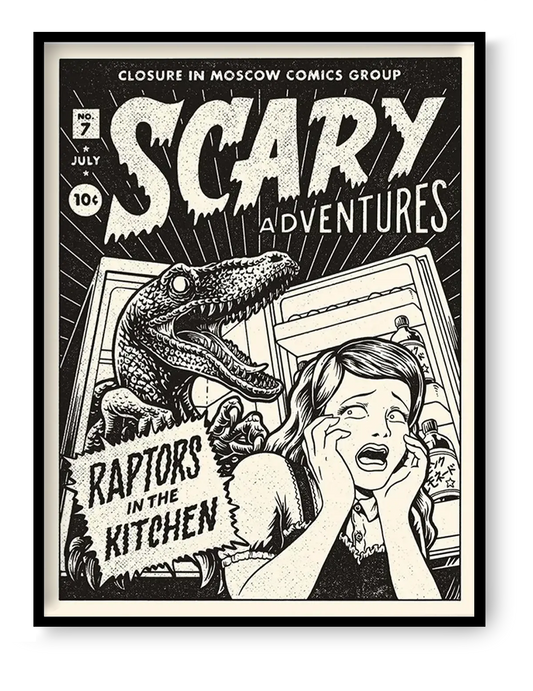 Raptors in the Kitchen by Yeaaah! Studio, 30 x 40 cm black and white retro comic-style art print featuring a screaming woman in front of an open fridge and a dinosaur emerging behind her, inspired by vintage horror comics and originally created for the Australian band Closure in Moscow