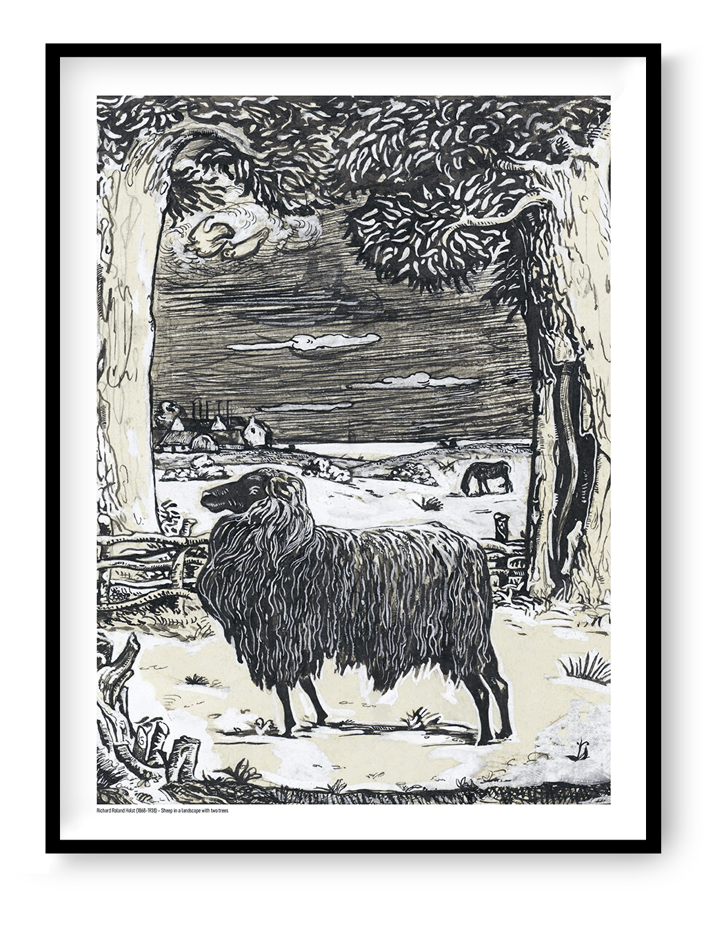 Sheep standing beneath two large trees in a rural landscape by Richard Roland Holst, black and cream vintage line illustration, vertical digital print for rustic and eclectic wall decor.