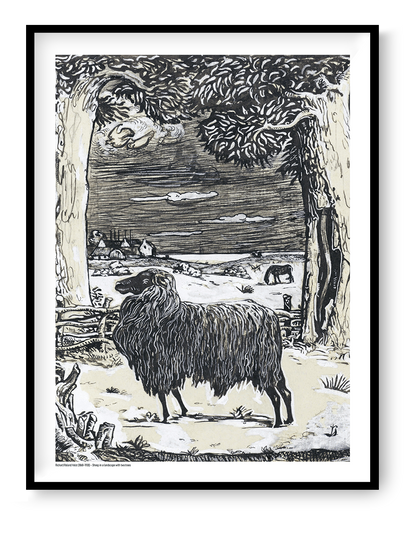 Sheep standing beneath two large trees in a rural landscape by Richard Roland Holst, black and cream vintage line illustration, vertical digital print for rustic and eclectic wall decor.