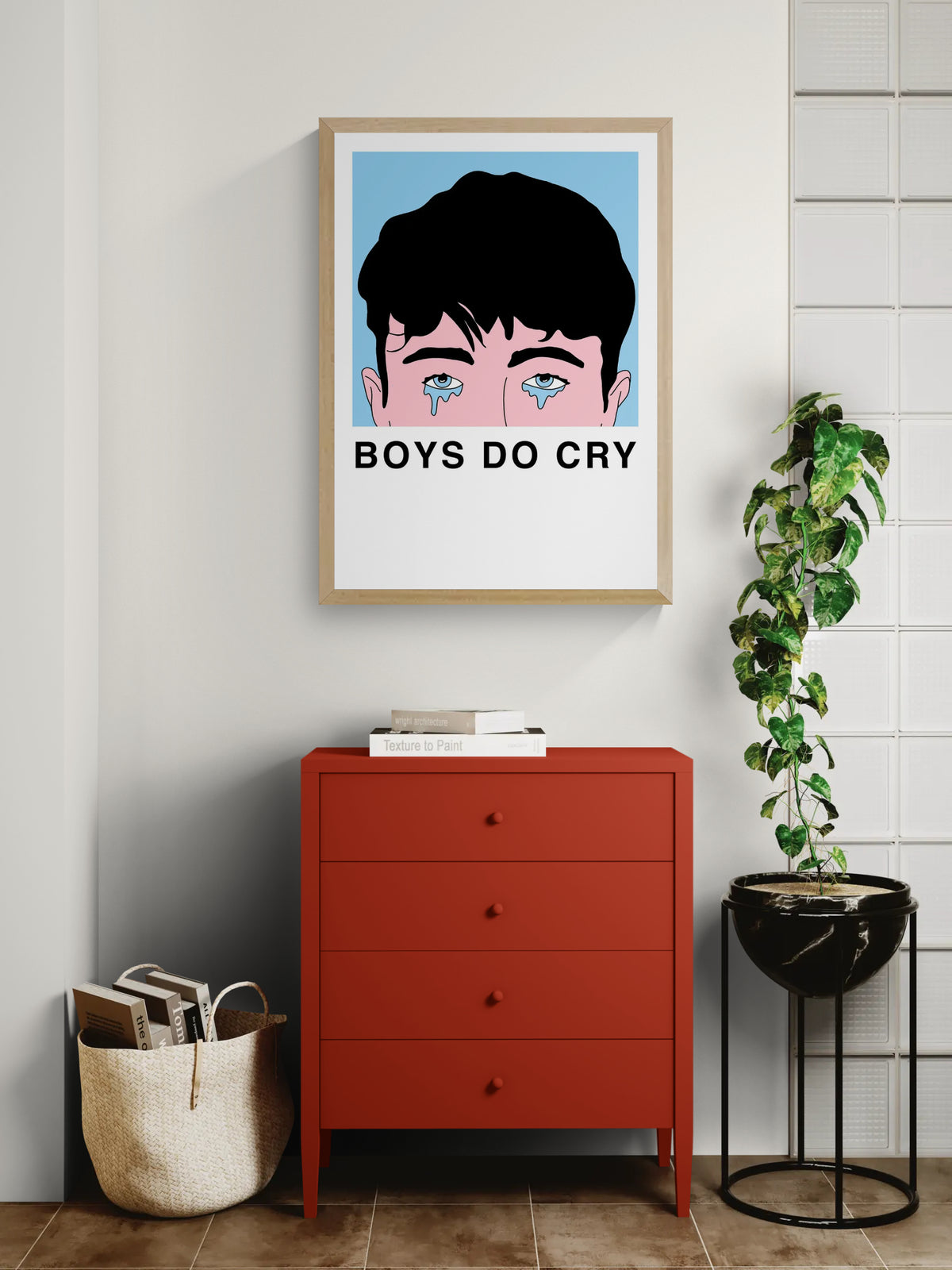 Boys Do Cry by Studio Stoutpoep, vertical A2 risograph print showing a crying dark-haired boy in pink, black and light blue, bold graphic wall art for playful contemporary interiors.