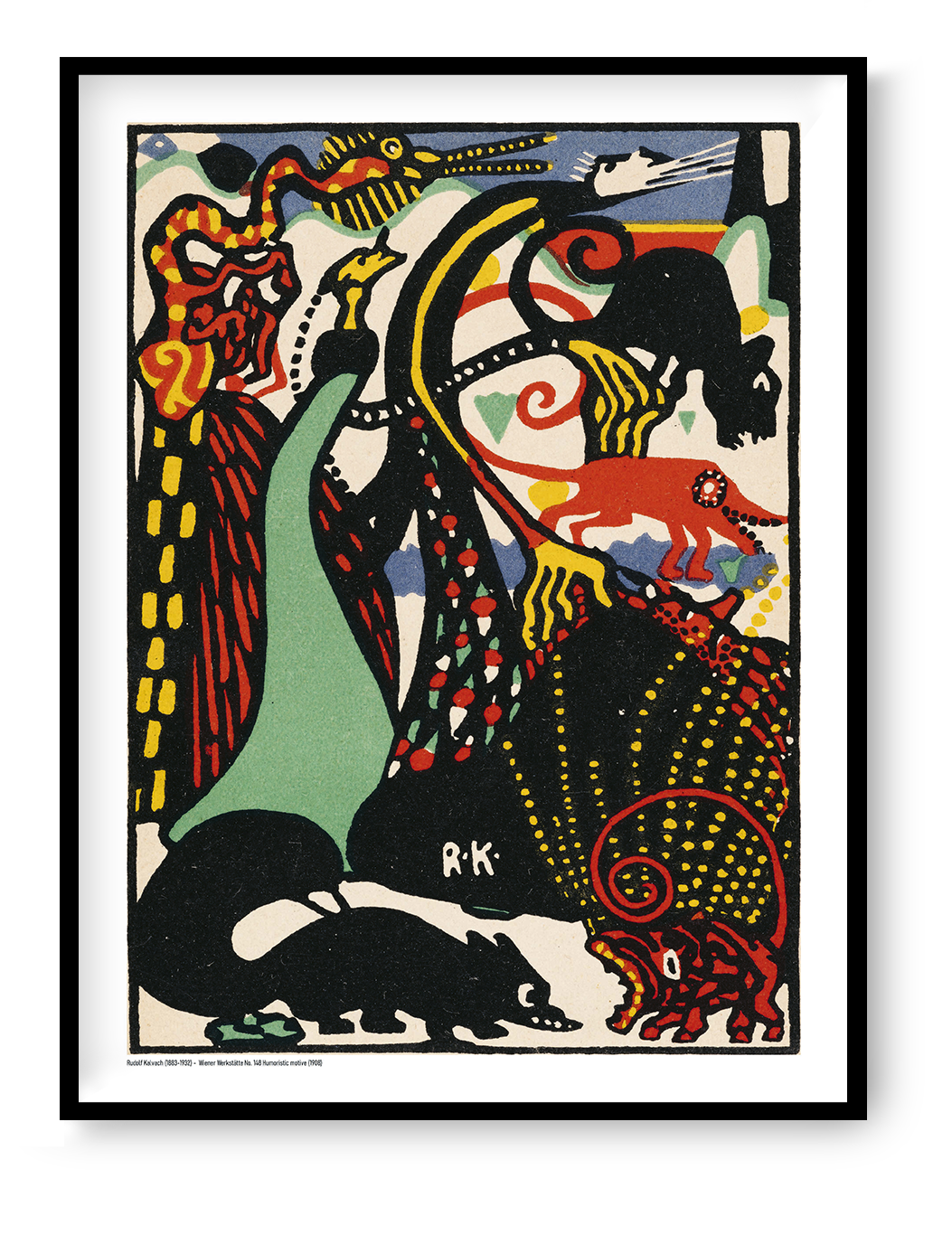 Humoristic Motive by Rudolf Kalvach, vertical Wiener Werkstätte digital print with stylised animals, bold black forms, red, yellow, mint and blue, ideal as colourful statement wall art.