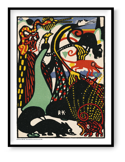 Humoristic Motive by Rudolf Kalvach, vertical Wiener Werkstätte digital print with stylised animals, bold black forms, red, yellow, mint and blue, ideal as colourful statement wall art.