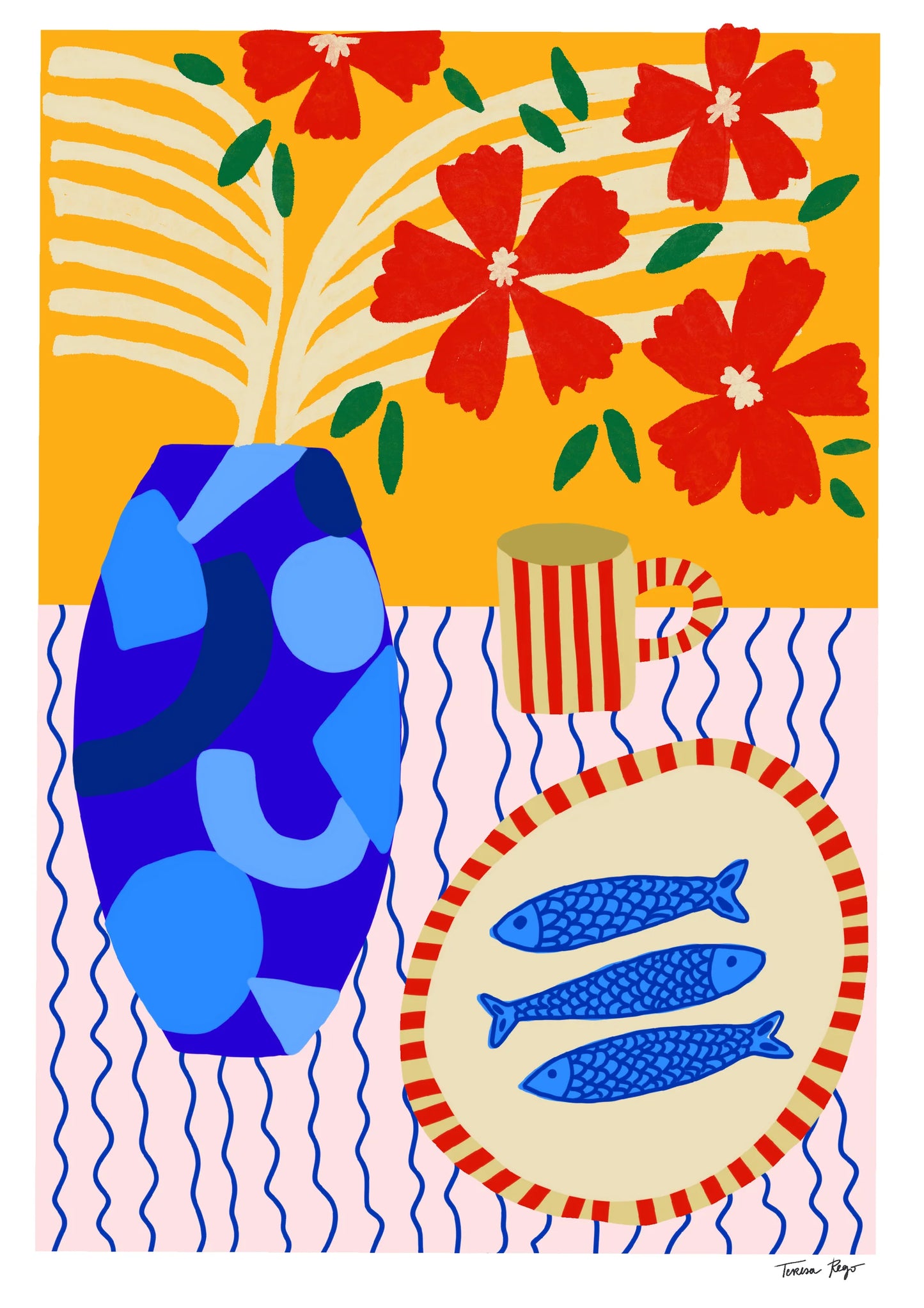 Vertical giclée art print by Teresa Rego featuring three blue sardines on a striped plate, a blue vase, red flowers and bold orange tones, ideal for colourful kitchen or dining room wall art.
