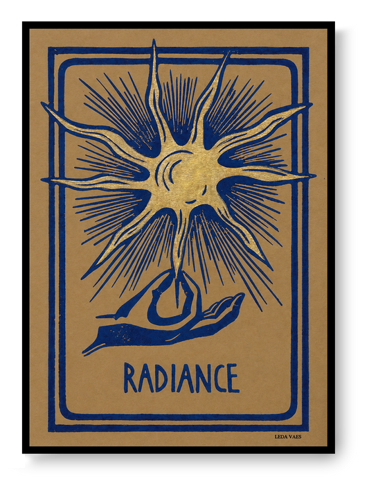 Radiance linocut print by Belgian artist Leda Vaes featuring a golden abstract sun with blue rays and a hand illustration on handmade paper in A4 format.