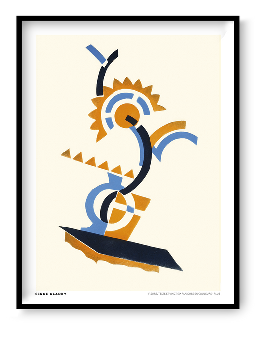 Abstract geometric flower composition by Serge Gladky in orange, cobalt blue and black on cream, shown as a vertical digital art print. Art Deco wall art for living rooms, offices or creative spaces.