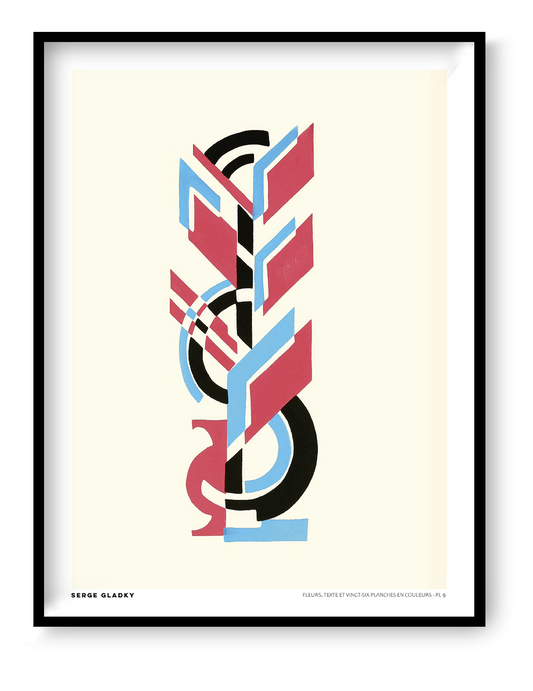 Fleurs PL. 9 by Serge Gladky, vertical Art Deco floral design with geometric red, blue and black shapes on a cream background, reproduced as a digital wall art print.