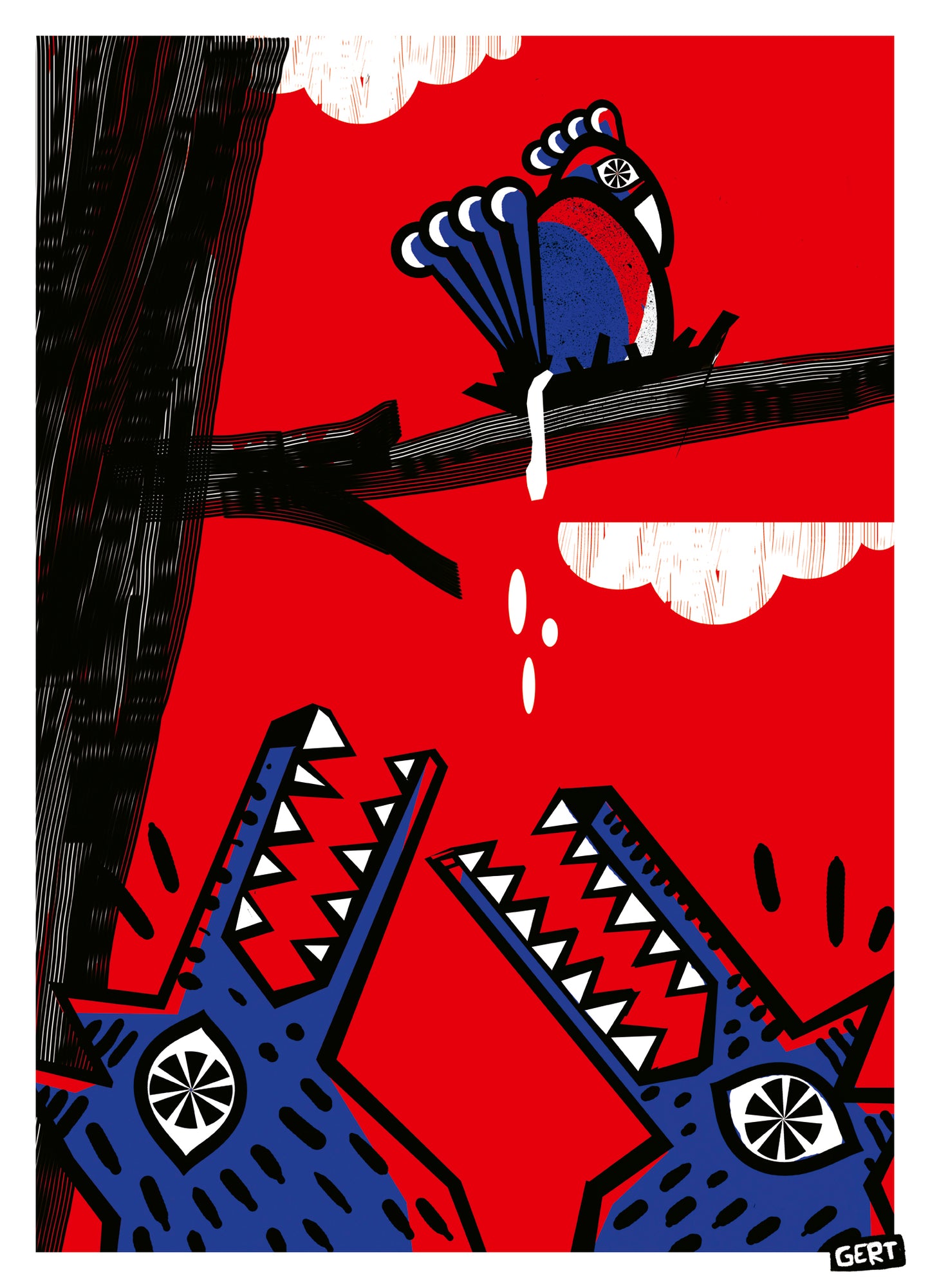 Bold contemporary art print featuring a colorful bird perched above two stylized crocodiles with open jaws, illustrated in graphic blue, red, black and white shapes. Modern digital wall art by Belgian illustrator Gert Paenen with playful humor and striking visual contrast.