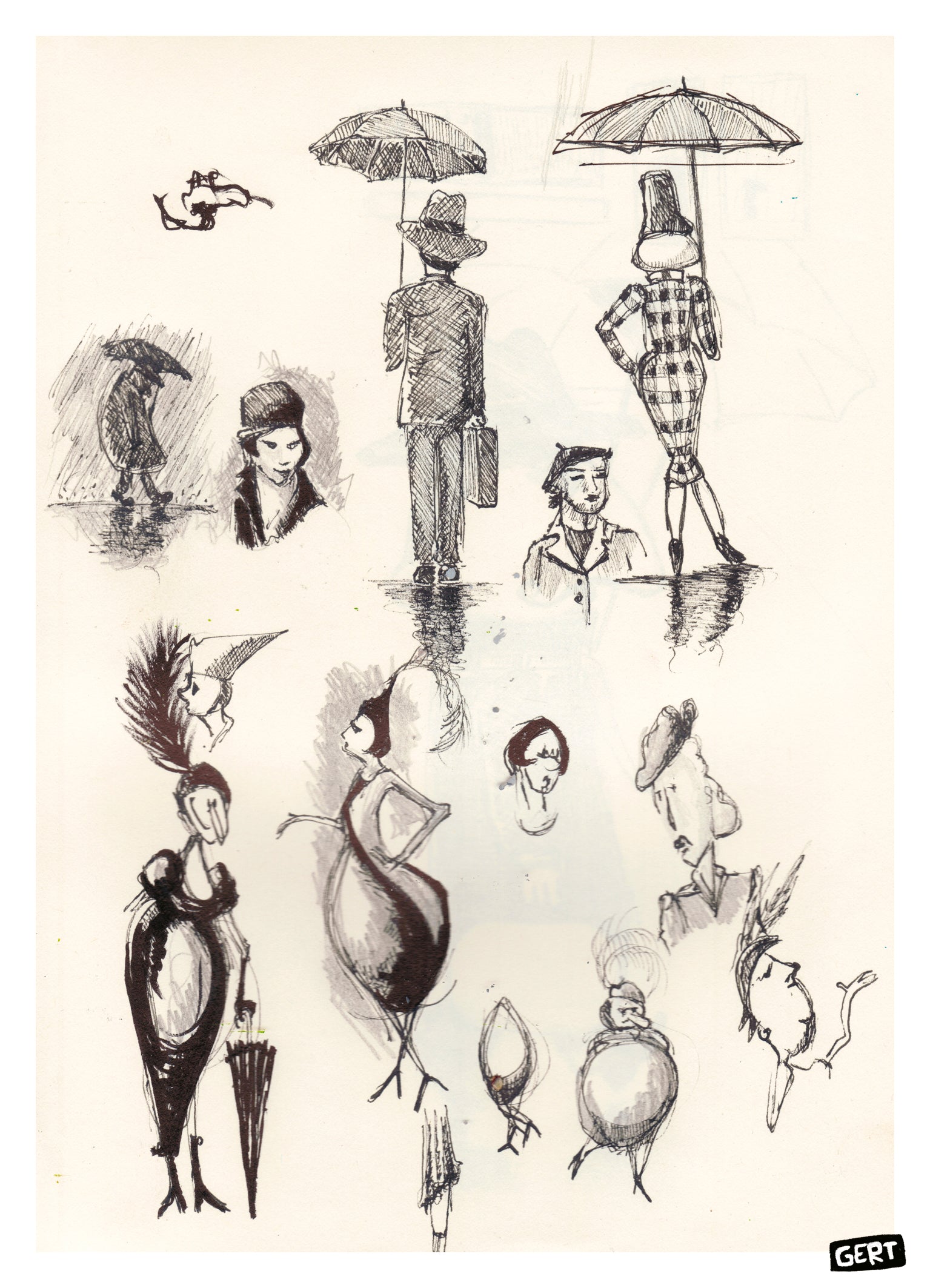 Sketchbook digital art print by Belgian illustrator Gert Paenen featuring expressive black ink character sketches, umbrella figures, fashion-inspired silhouettes, and whimsical hand-drawn studies on a minimalist background.