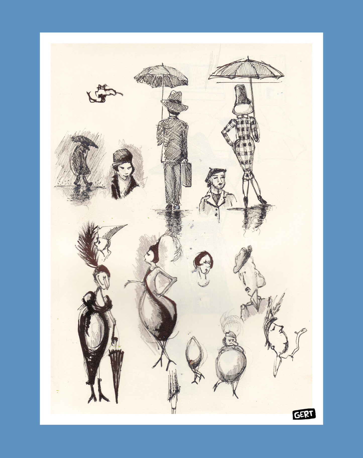 Sketchbook digital art print by Belgian illustrator Gert Paenen featuring expressive black ink character sketches, umbrella figures, fashion-inspired silhouettes, and whimsical hand-drawn studies on a minimalist background.