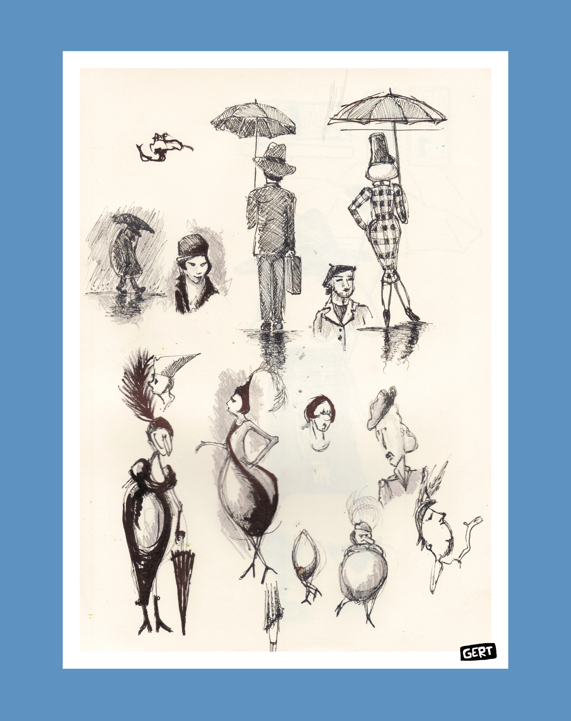 Sketchbook digital art print by Belgian illustrator Gert Paenen featuring expressive black ink character sketches, umbrella figures, fashion-inspired silhouettes, and whimsical hand-drawn studies on a minimalist background.