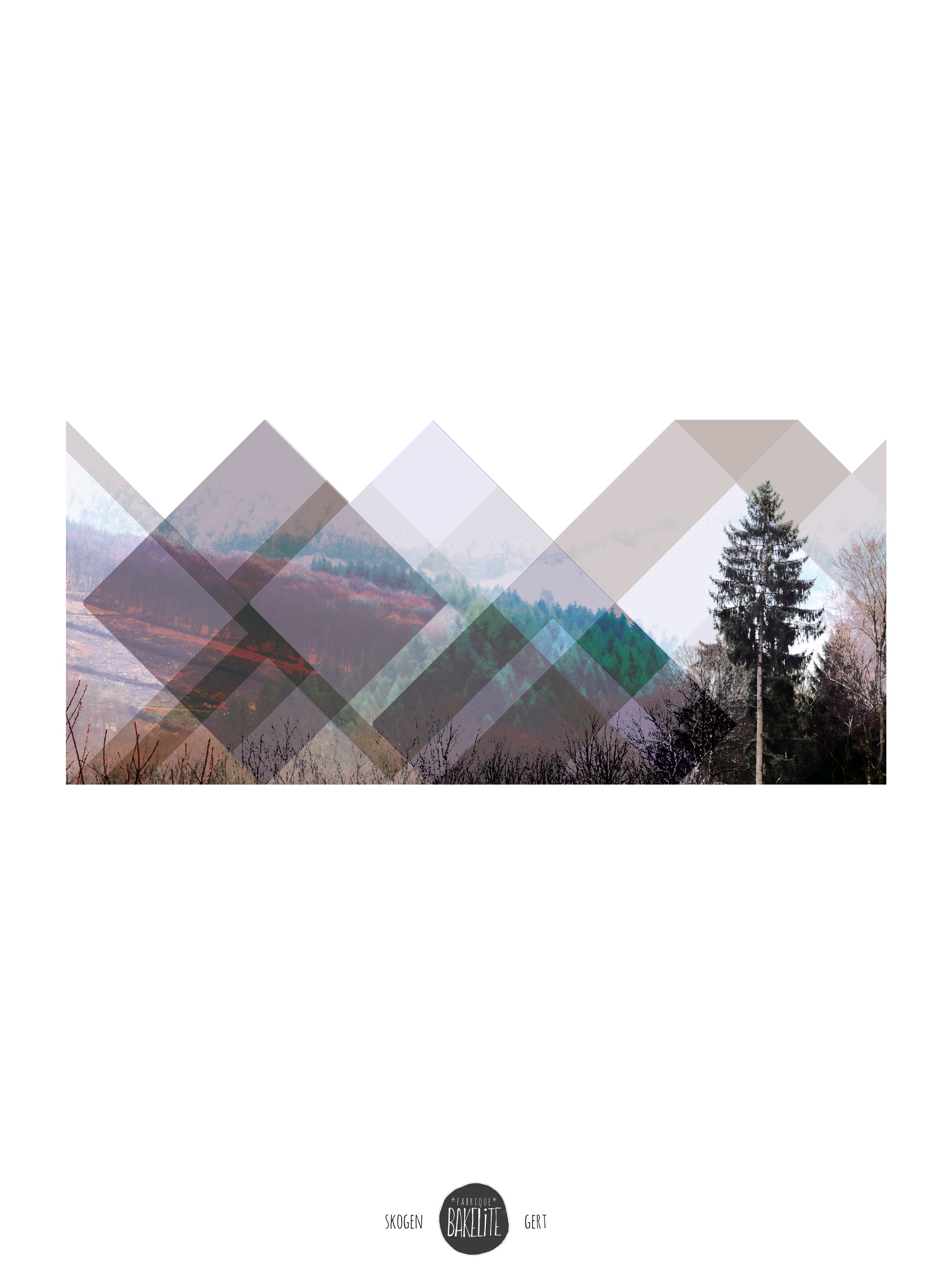Minimalist geometric landscape art print titled Skogen by Studio Frits, combining layered transparent shapes with a Swedish forest photograph to create a peaceful Scandinavian aesthetic, ideal for contemporary wall decor.