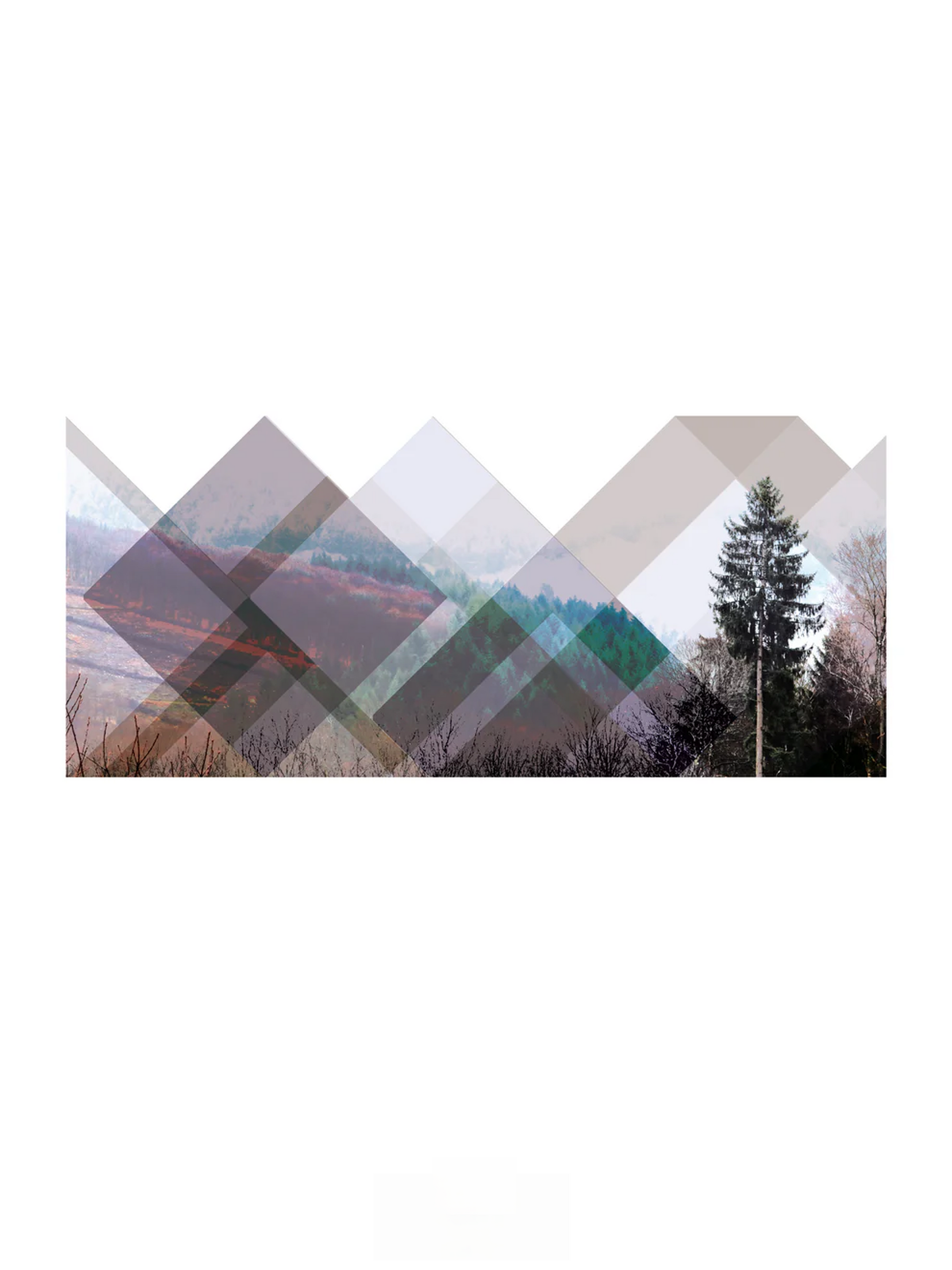 Minimalist geometric landscape art print titled Skogen by Studio Frits, combining layered transparent shapes with a Swedish forest photograph to create a peaceful Scandinavian aesthetic, ideal for contemporary wall decor.