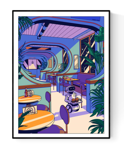 Colorful futuristic café scene illustrated by Paiheme Studio, featuring a cute robot waiter serving coffee in a retro sci-fi diner with tropical plants, neon purple and green walls, rounded architectural windows, and starlit sky views – Japanese pop art style, printed on 30x40 cm matte paper.