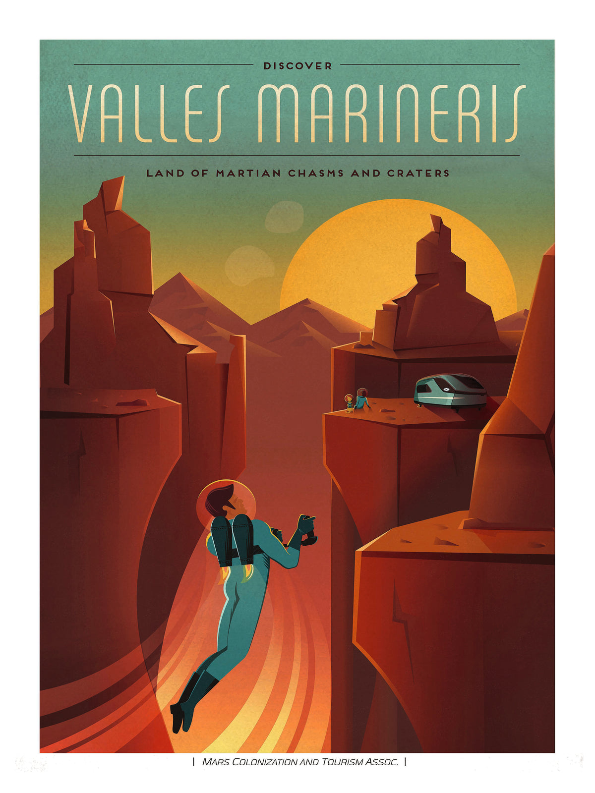 Retro-futurist Valles Marineris SpaceX digital print showing an astronaut flying through a red Martian canyon at sunset, in portrait format, ideal as sci-fi wall art for an office or living room.