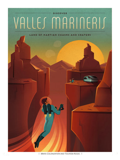 Retro-futurist Valles Marineris SpaceX digital print showing an astronaut flying through a red Martian canyon at sunset, in portrait format, ideal as sci-fi wall art for an office or living room.