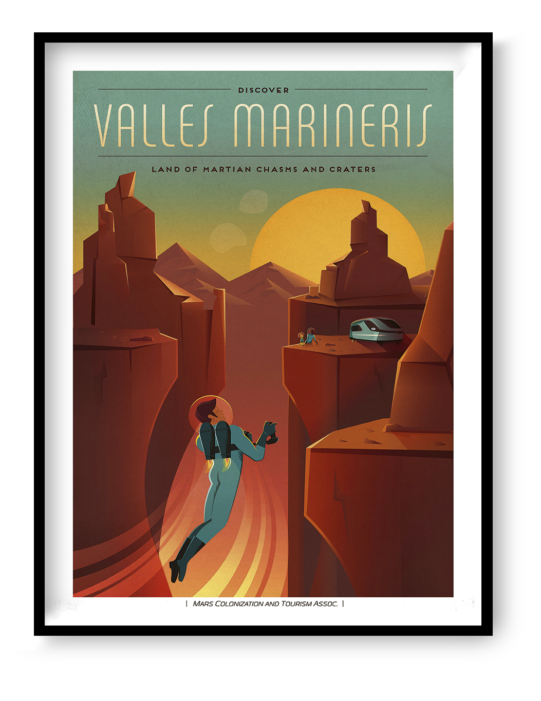 Retro-futurist Valles Marineris SpaceX digital print showing an astronaut flying through a red Martian canyon at sunset, in portrait format, ideal as sci-fi wall art for an office or living room.
