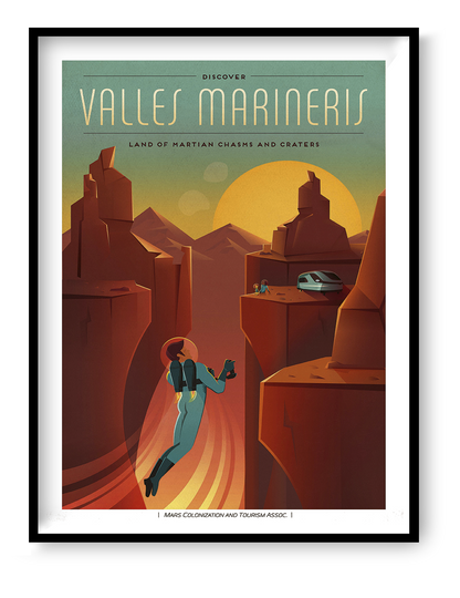 Retro-futurist Valles Marineris SpaceX digital print showing an astronaut flying through a red Martian canyon at sunset, in portrait format, ideal as sci-fi wall art for an office or living room.