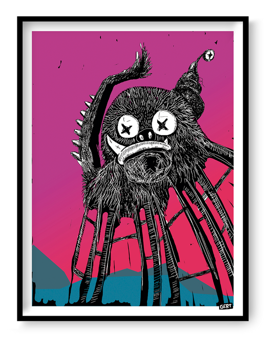 Stranger Thing by Gert Paenen, surreal digital art print featuring a strange black furry creature with long insect-like legs, sharp teeth, and oversized crossed-out eyes against a vibrant pink background, contemporary dark pop art illustration.