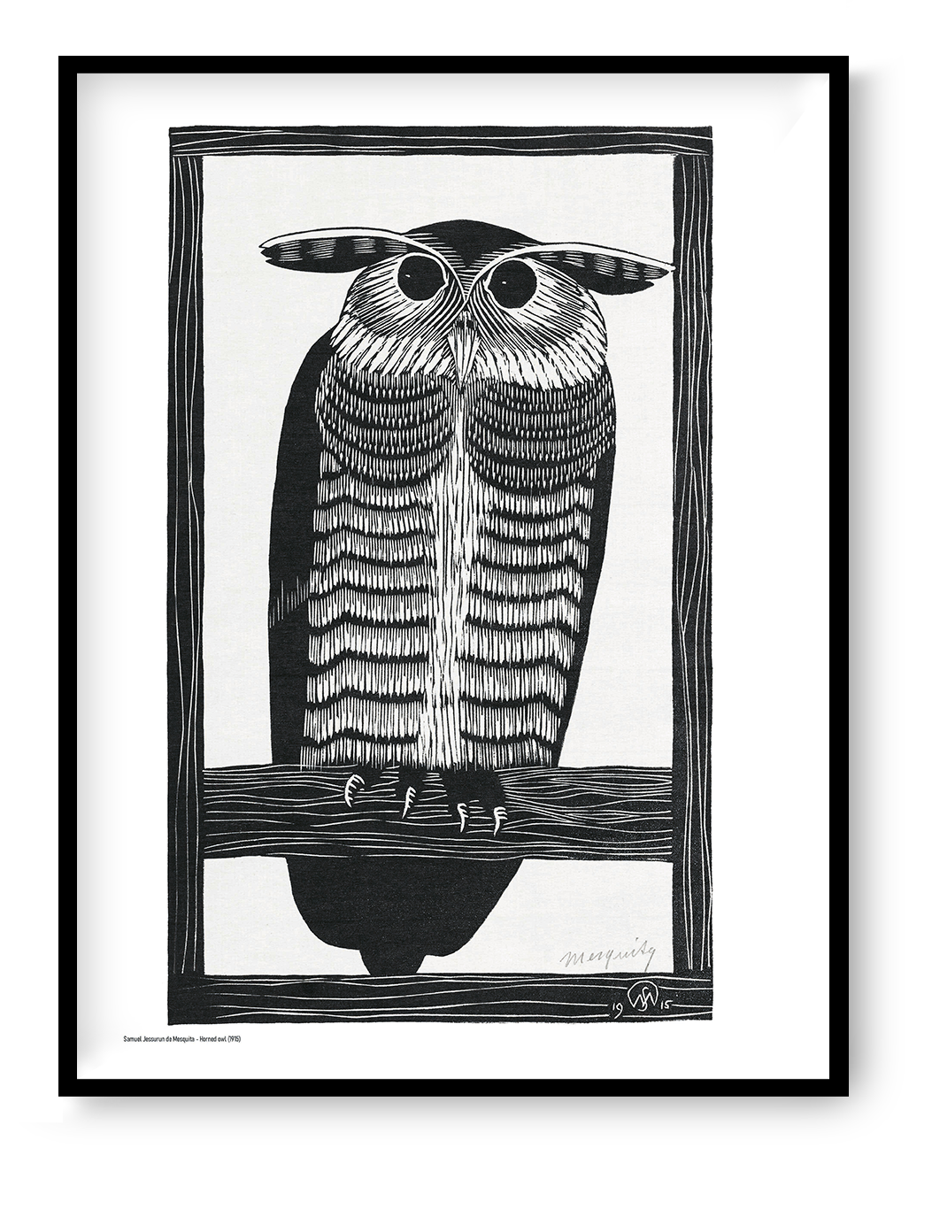 Black-and-white portrait of a horned owl perched on a branch, created in Samuel Jessurun de Mesquita’s detailed woodcut style. Vertical wall art for an office, library, bedroom, or monochrome interior.