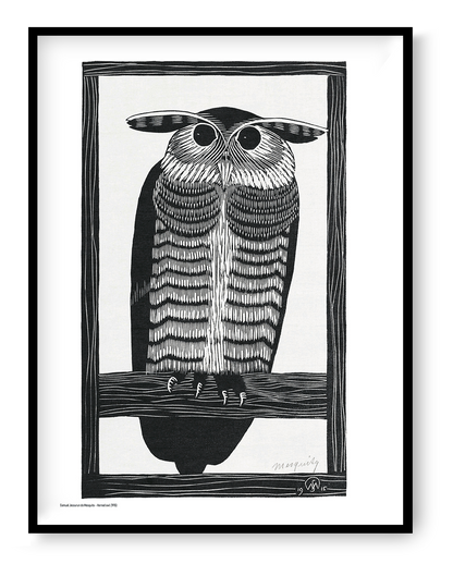 Black-and-white portrait of a horned owl perched on a branch, created in Samuel Jessurun de Mesquita’s detailed woodcut style. Vertical wall art for an office, library, bedroom, or monochrome interior.