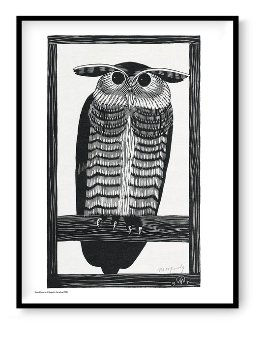 Black-and-white portrait of a horned owl perched on a branch, created in Samuel Jessurun de Mesquita’s detailed woodcut style. Vertical wall art for an office, library, bedroom, or monochrome interior.