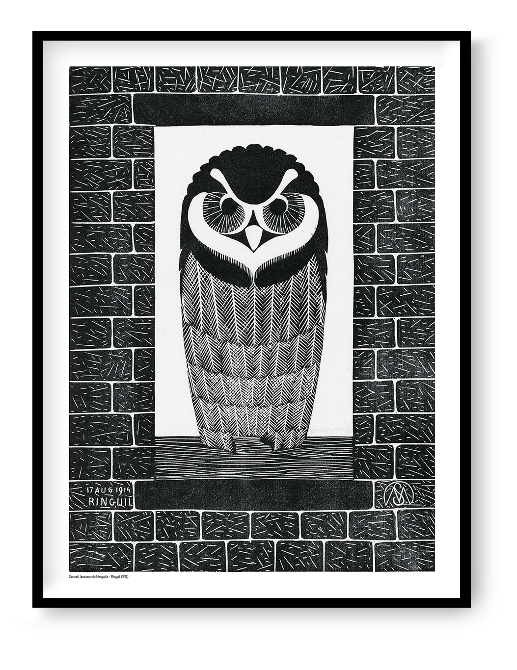 Black-and-white portrait of a wide-eyed owl framed by textured brick patterns, based on a 1914 Dutch woodcut, in vertical format for graphic wall art and study decor.