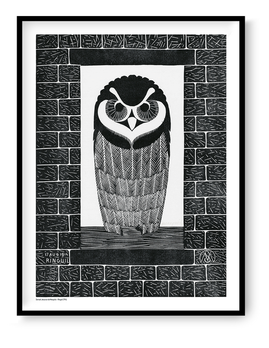 Black-and-white portrait of a wide-eyed owl framed by textured brick patterns, based on a 1914 Dutch woodcut, in vertical format for graphic wall art and study decor.