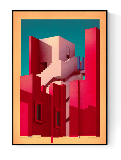 Digital architectural illustration of Ricardo Bofill’s La Muralla Roja with bold red facades, staircases, and shadows under a teal sky – art print by Studio Sander Patelski, 30 x 40 cm, modernist tribute for design lovers.