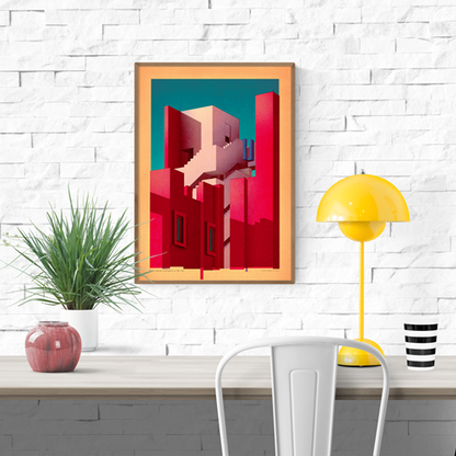 Digital architectural illustration of Ricardo Bofill’s La Muralla Roja with bold red facades, staircases, and shadows under a teal sky – art print by Studio Sander Patelski, 30 x 40 cm, modernist tribute for design lovers.