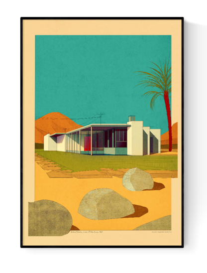 Stylized digital illustration of the Richard Neutra-designed Grace Miller House in a mid-century desert setting, featuring clean white architecture, vibrant teal sky, and minimalist landscape – 30 x 40 cm art print by Studio Sander Patelski.